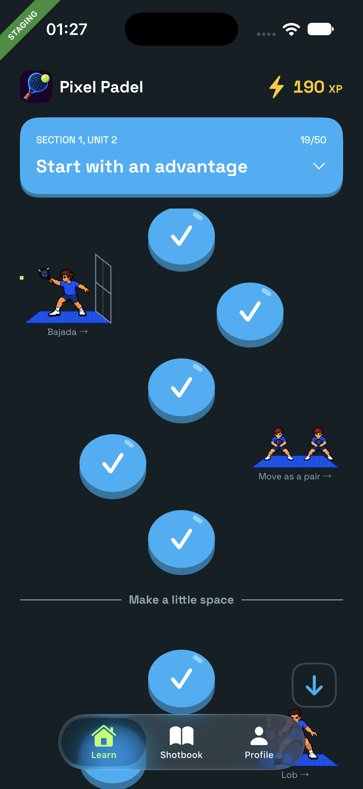Learning path with bite-sized Padel lessons and progress milestones
