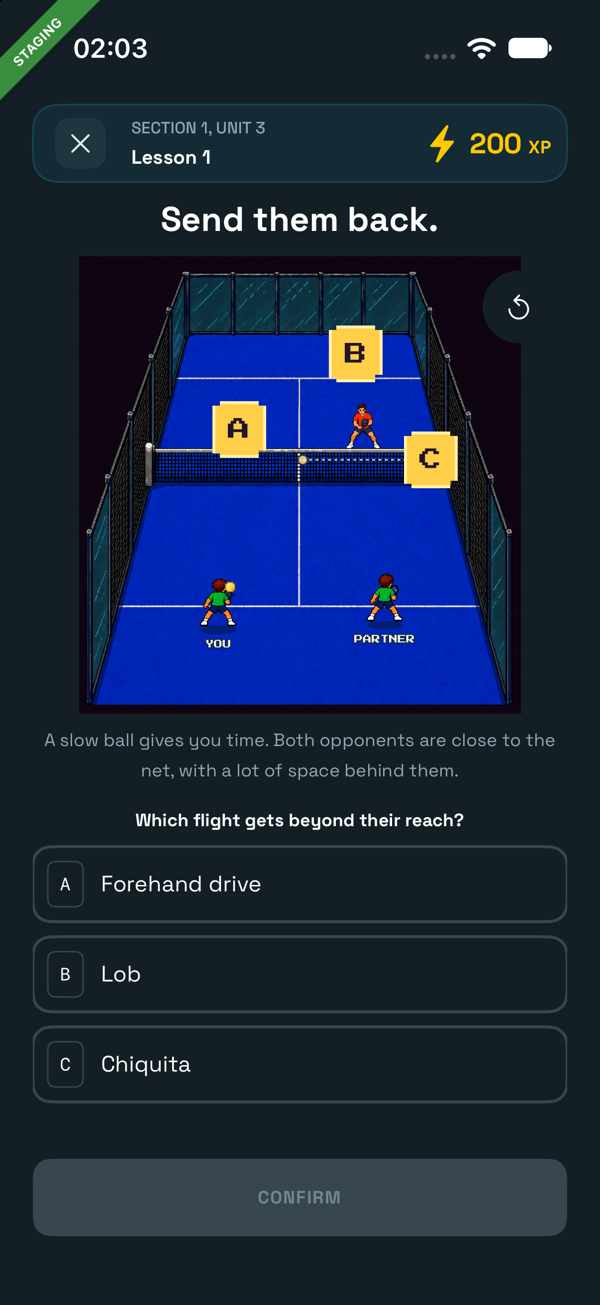 Full native lesson: Send them back, with the court and three shot choices.